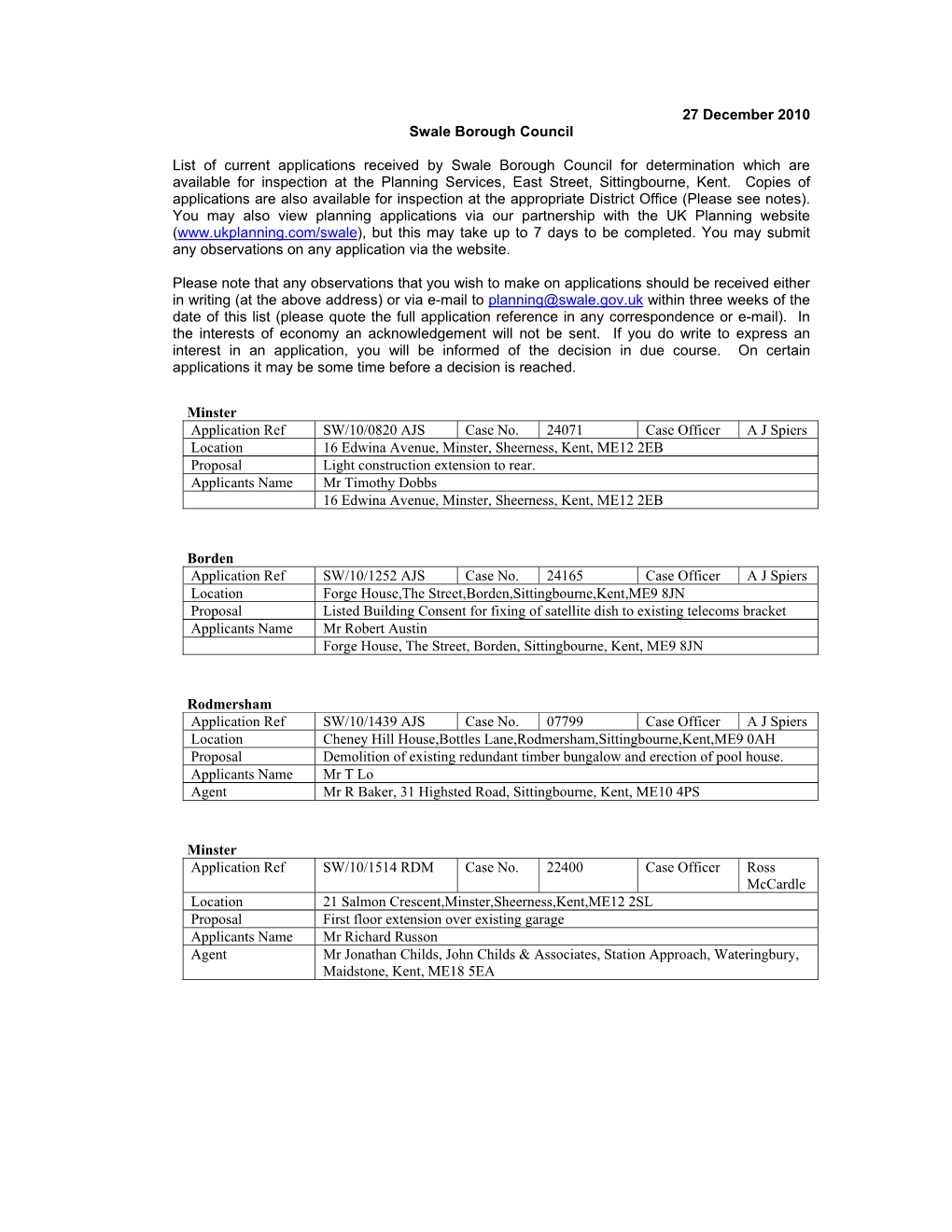 27 December 2010 Swale Borough Council List of Current Applications