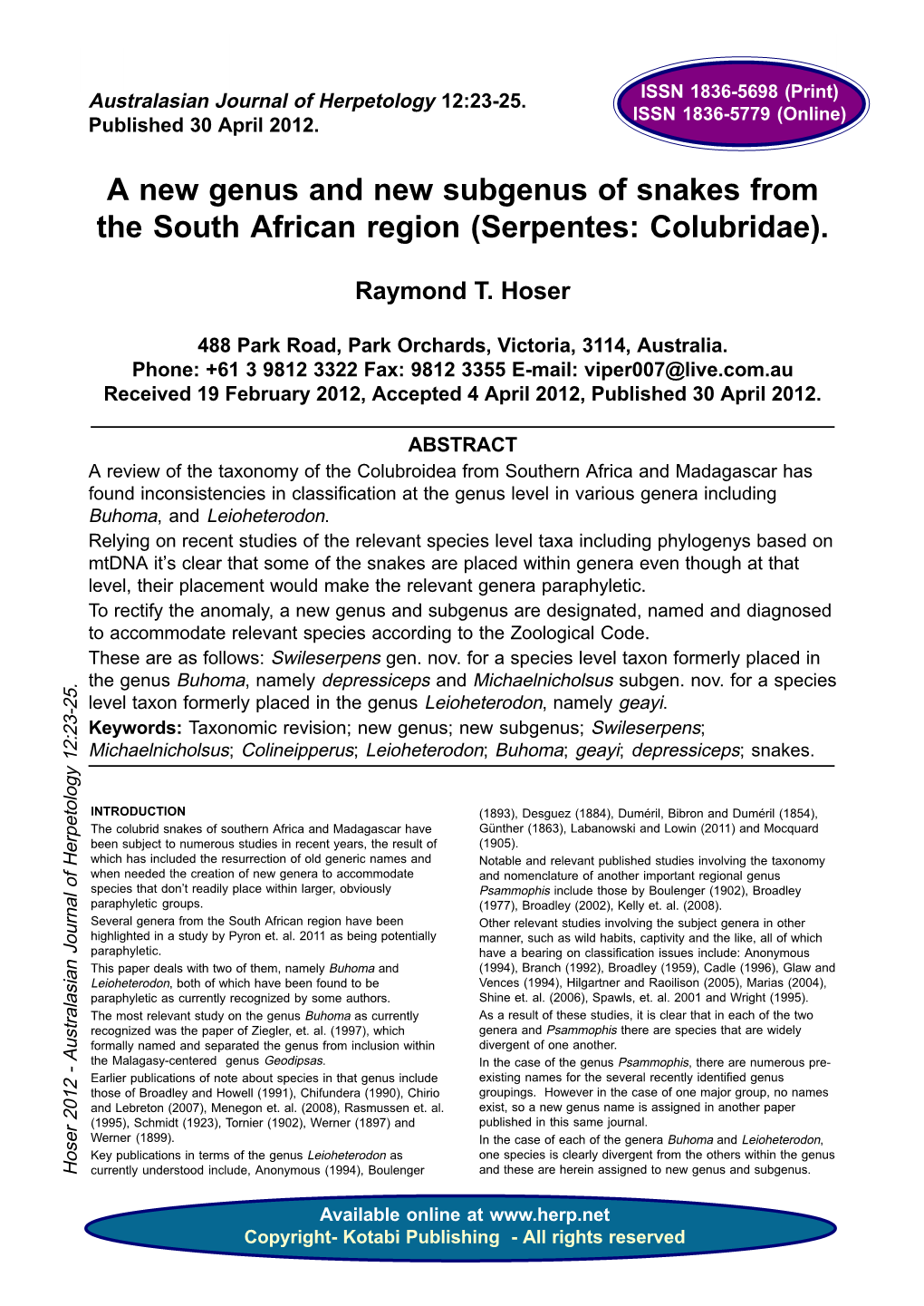 A New Genus and New Subgenus of Snakes from the South African Region (Serpentes: Colubridae)