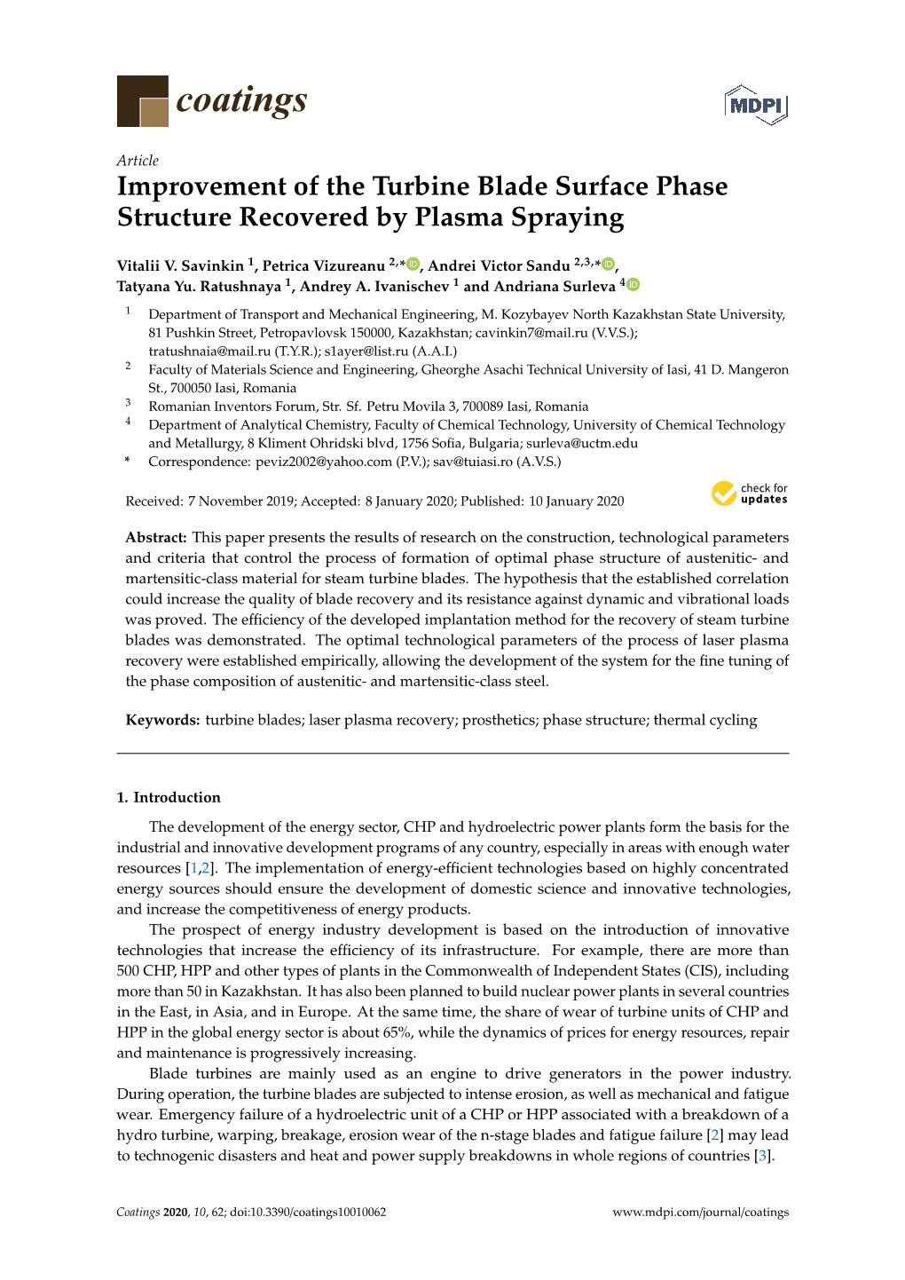 Improvement of the Turbine Blade Surface Phase Structure Recovered by Plasma Spraying