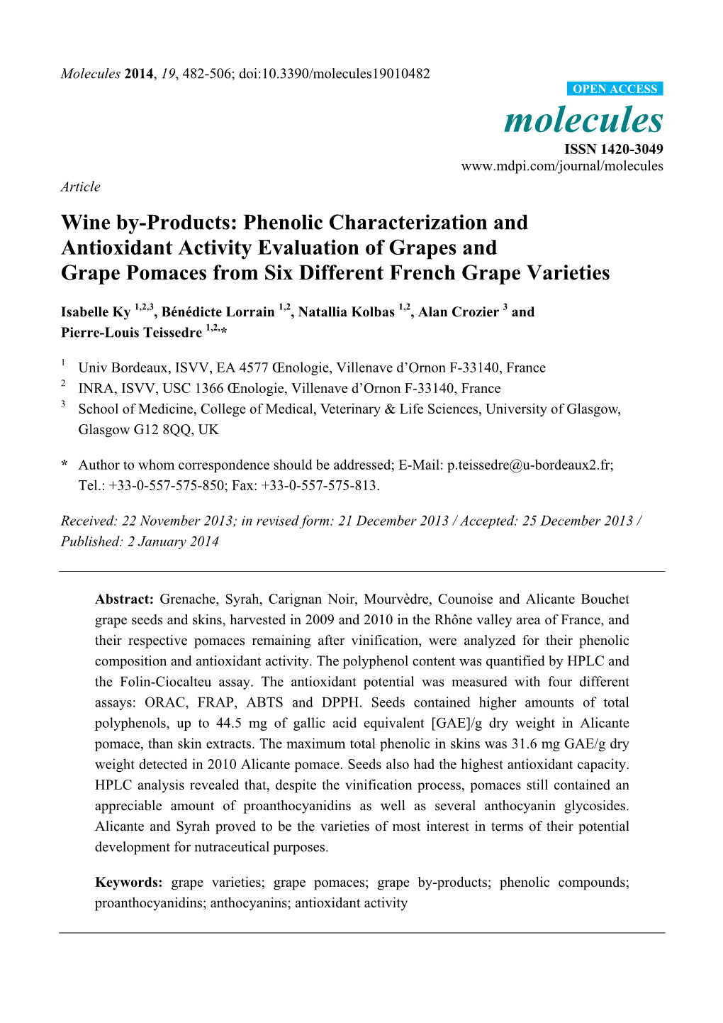 Phenolic Characterization and Antioxidant Activity Evaluation of Grapes and Grape Pomaces from Six Different French Grape Varieties