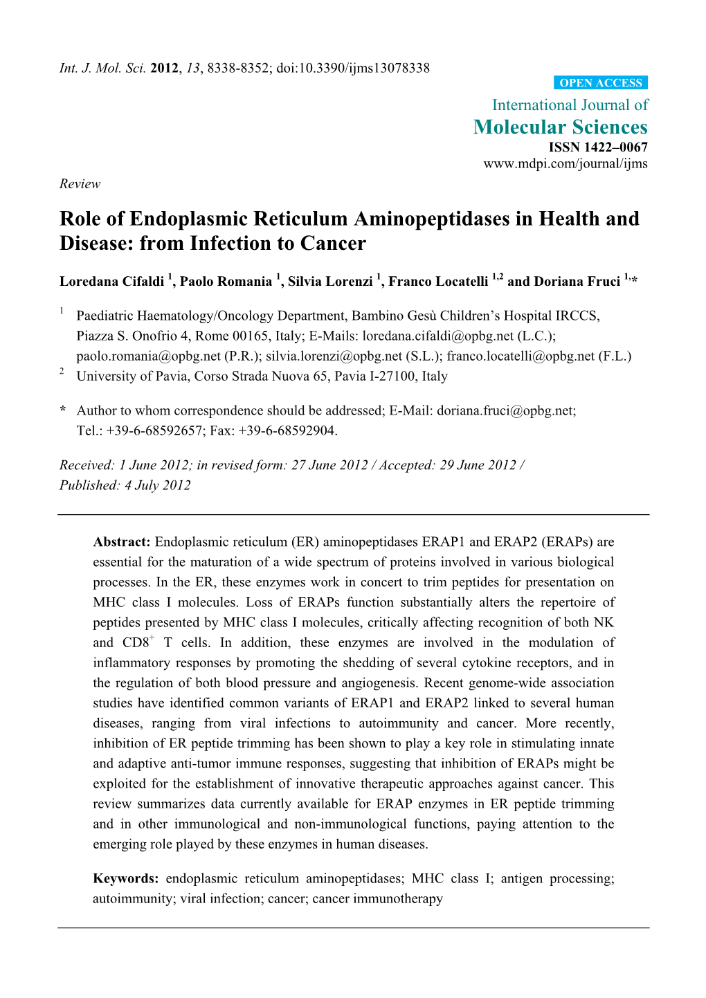 Role of Endoplasmic Reticulum Aminopeptidases in Health and Disease: from Infection to Cancer