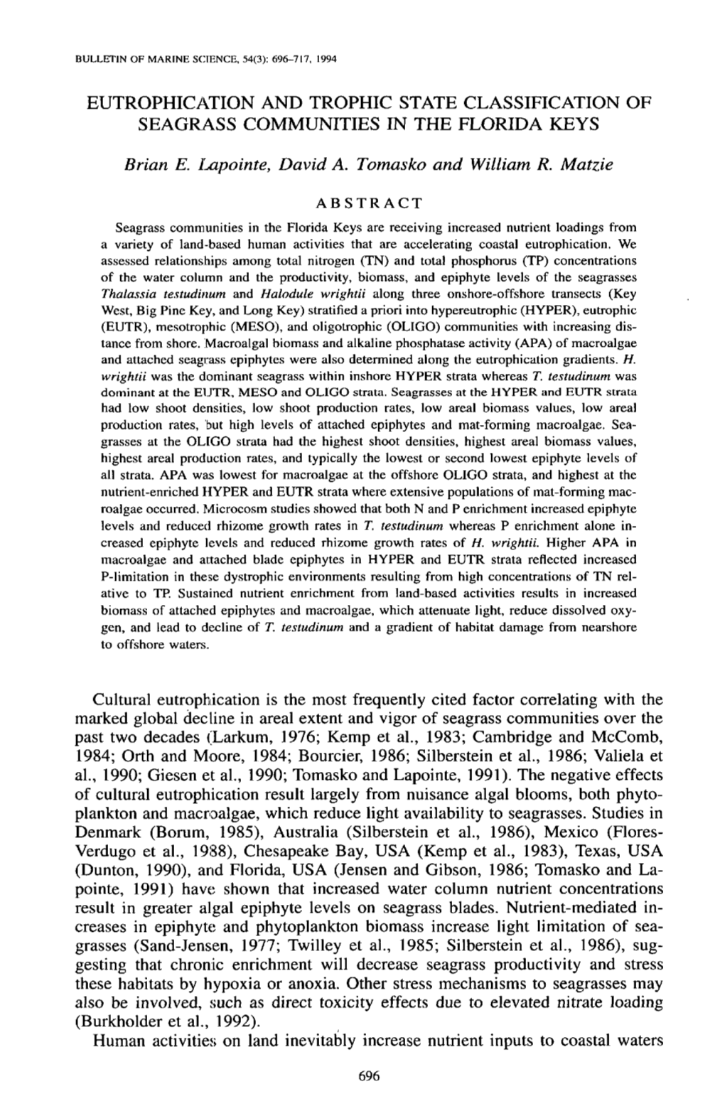 Eutrophication and Trophic State Classification of Seagrass Communities in the Florida Keys