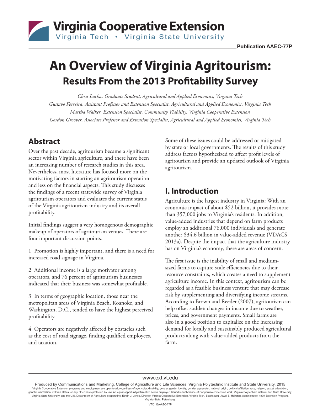 An Overview of Virginia Agritourism: Results from the 2013 Profitability Survey