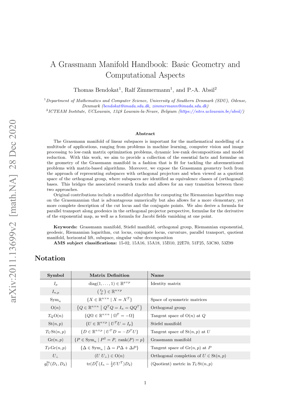 A Grassmann Manifold Handbook: Basic Geometry and Computational Aspects