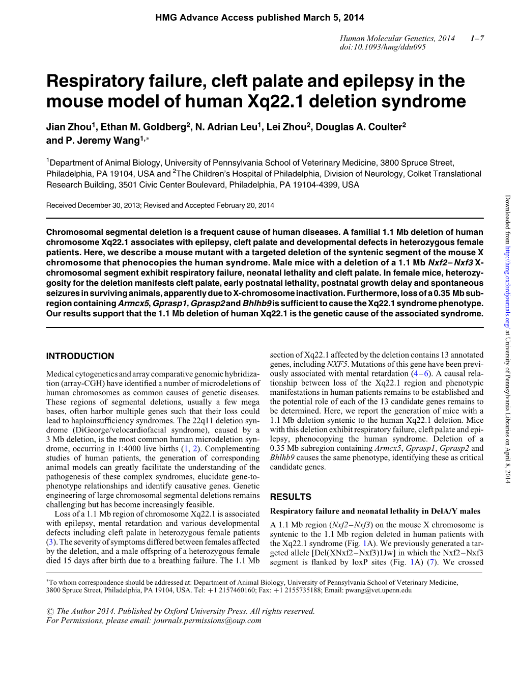 Respiratory Failure, Cleft Palate and Epilepsy in the Mouse Model of Human Xq22.1 Deletion Syndrome