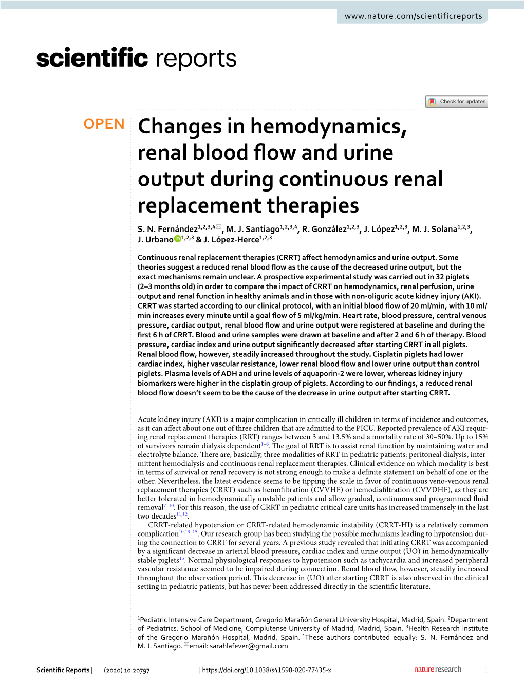 Changes in Hemodynamics, Renal Blood Flow and Urine Output During