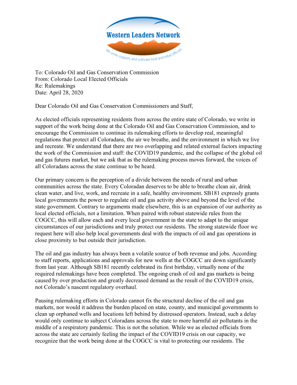 Colorado Oil and Gas Conservation Commission From: Colorado Local Elected Officials Re: Rulemakings Date: April 28, 2020