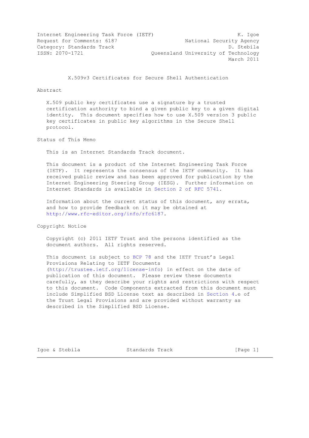 RFC 6187 X.509V3 Certificates for SSH March 2011