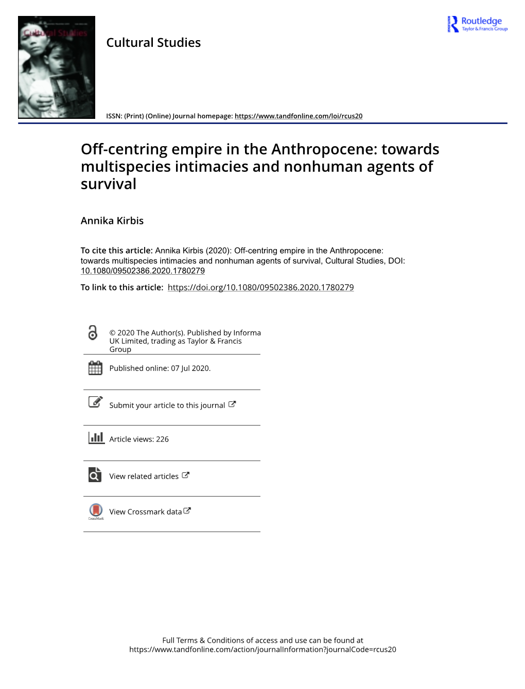 Off-Centring Empire in the Anthropocene: Towards Multispecies Intimacies and Nonhuman Agents of Survival