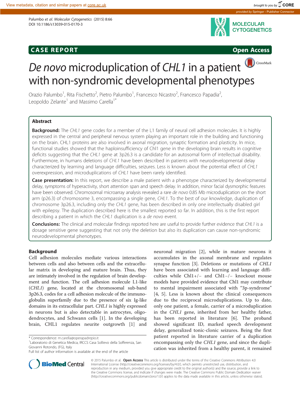 De Novo Microduplication of CHL1 in a Patient with Non-Syndromic