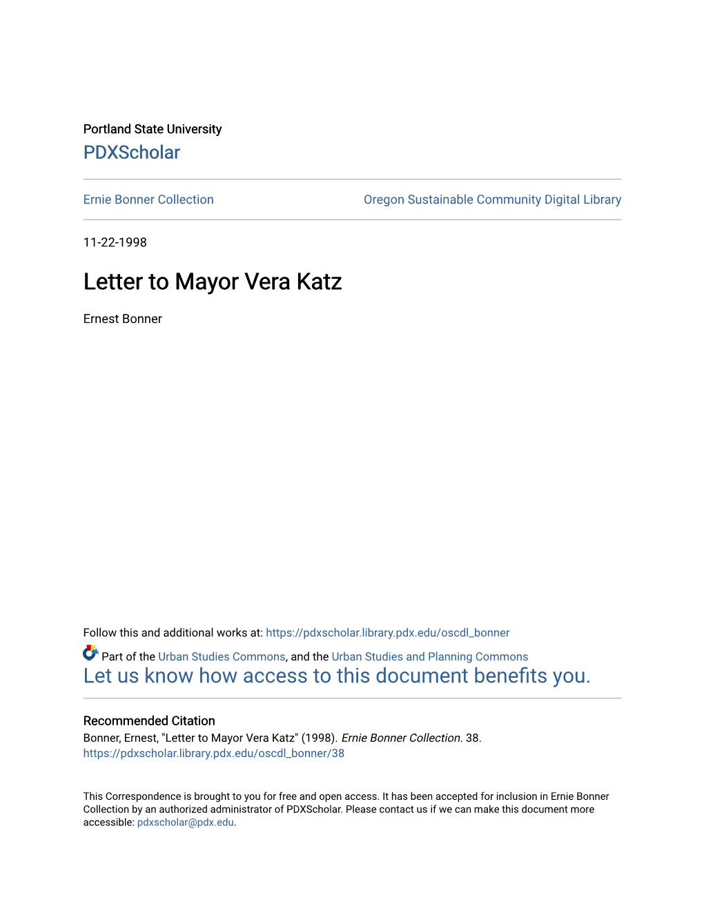 Letter to Mayor Vera Katz