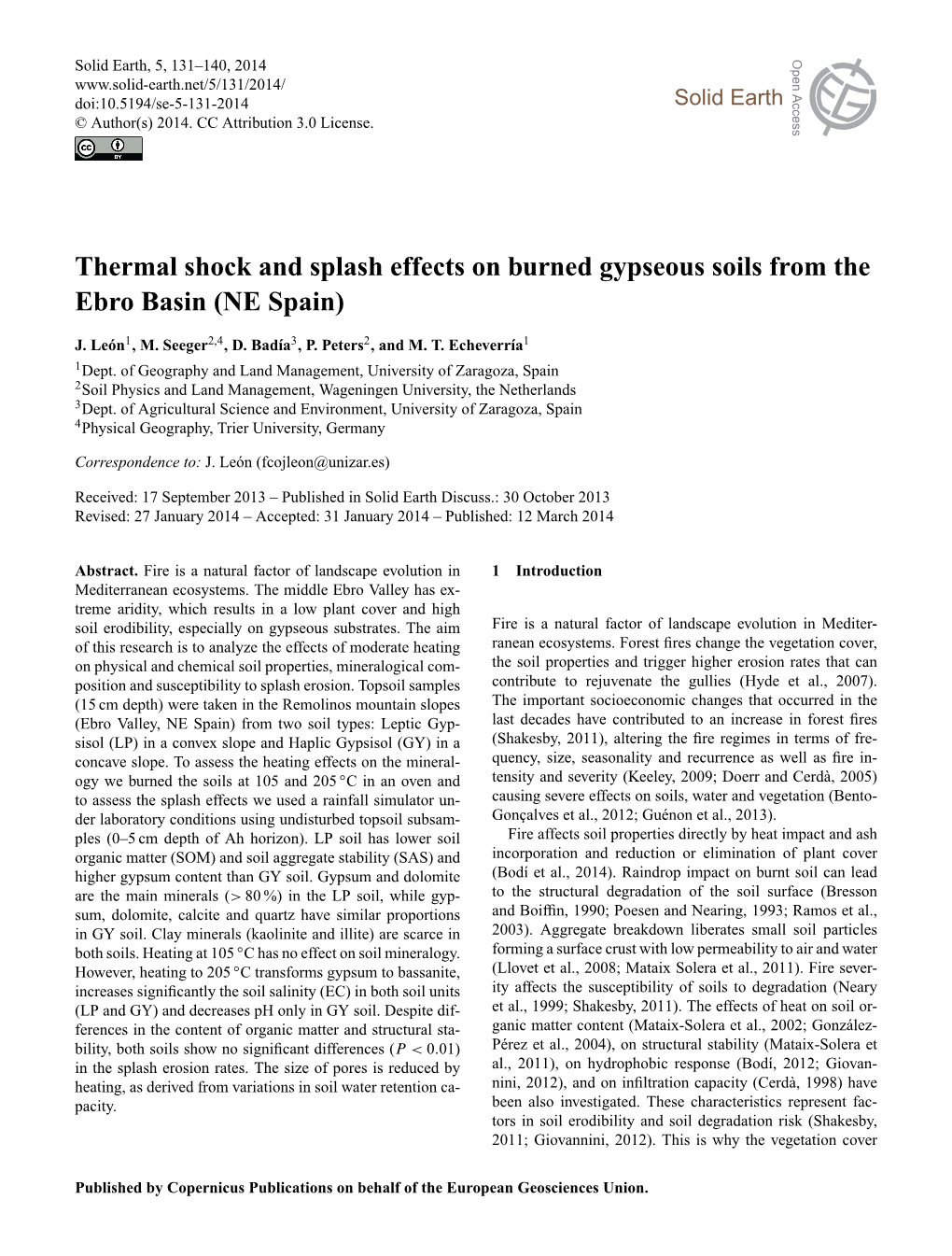 Thermal Shock and Splash Effects on Burned Gypseous Soils from the Ebro Basin (NE Spain)