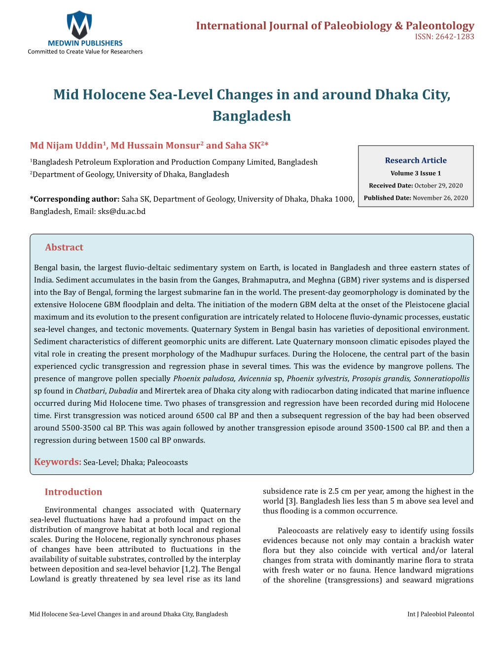 Mid Holocene Sea-Level Changes in and Around Dhaka City, Bangladesh
