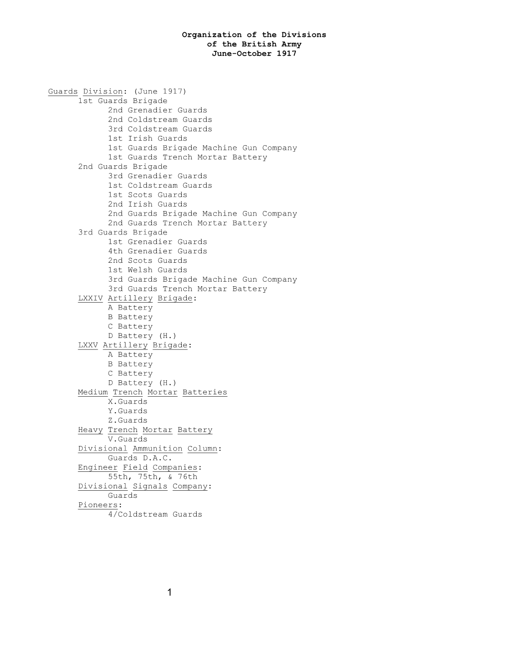 Organization of the Divisions of the British Army June-October 1917