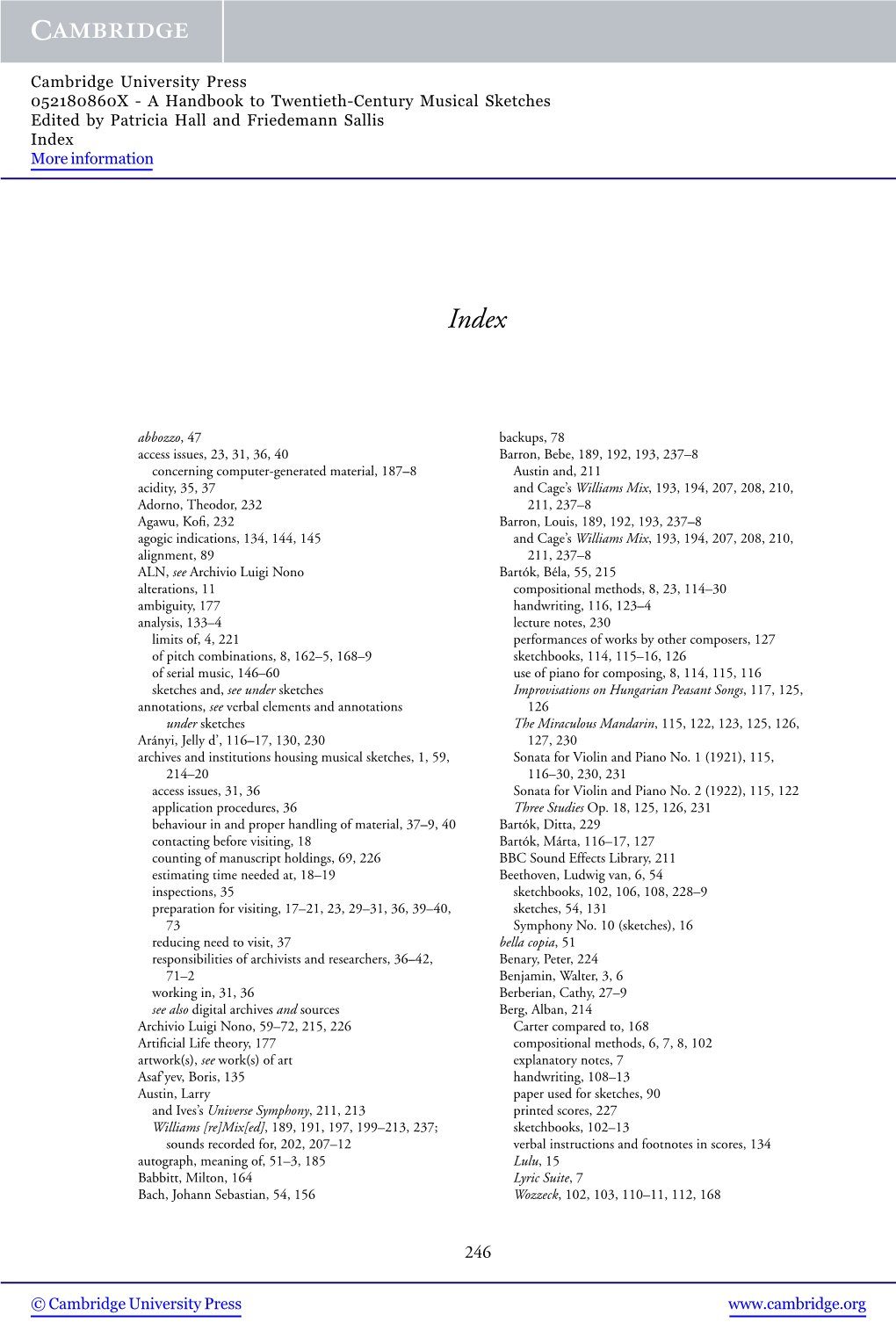 A Handbook to Twentieth-Century Musical Sketches Edited by Patricia Hall and Friedemann Sallis Index More Information