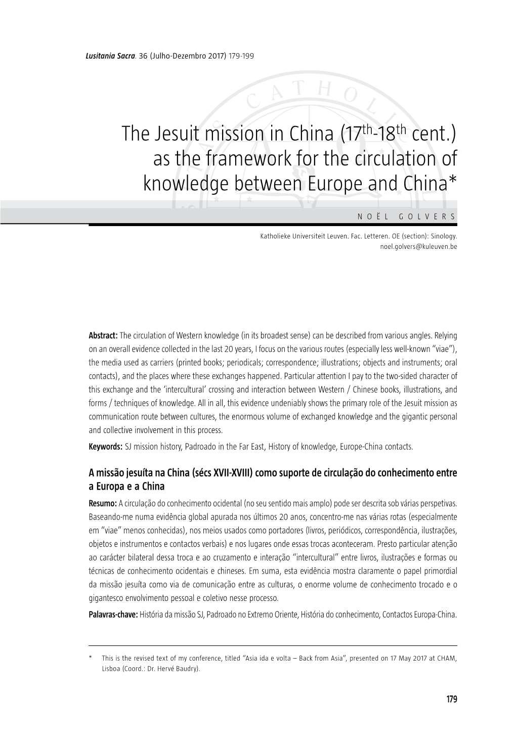 The Jesuit Mission in China (17Th-18Th Cent .) As the Framework for the Circulation of Knowledge Between Europe and China*