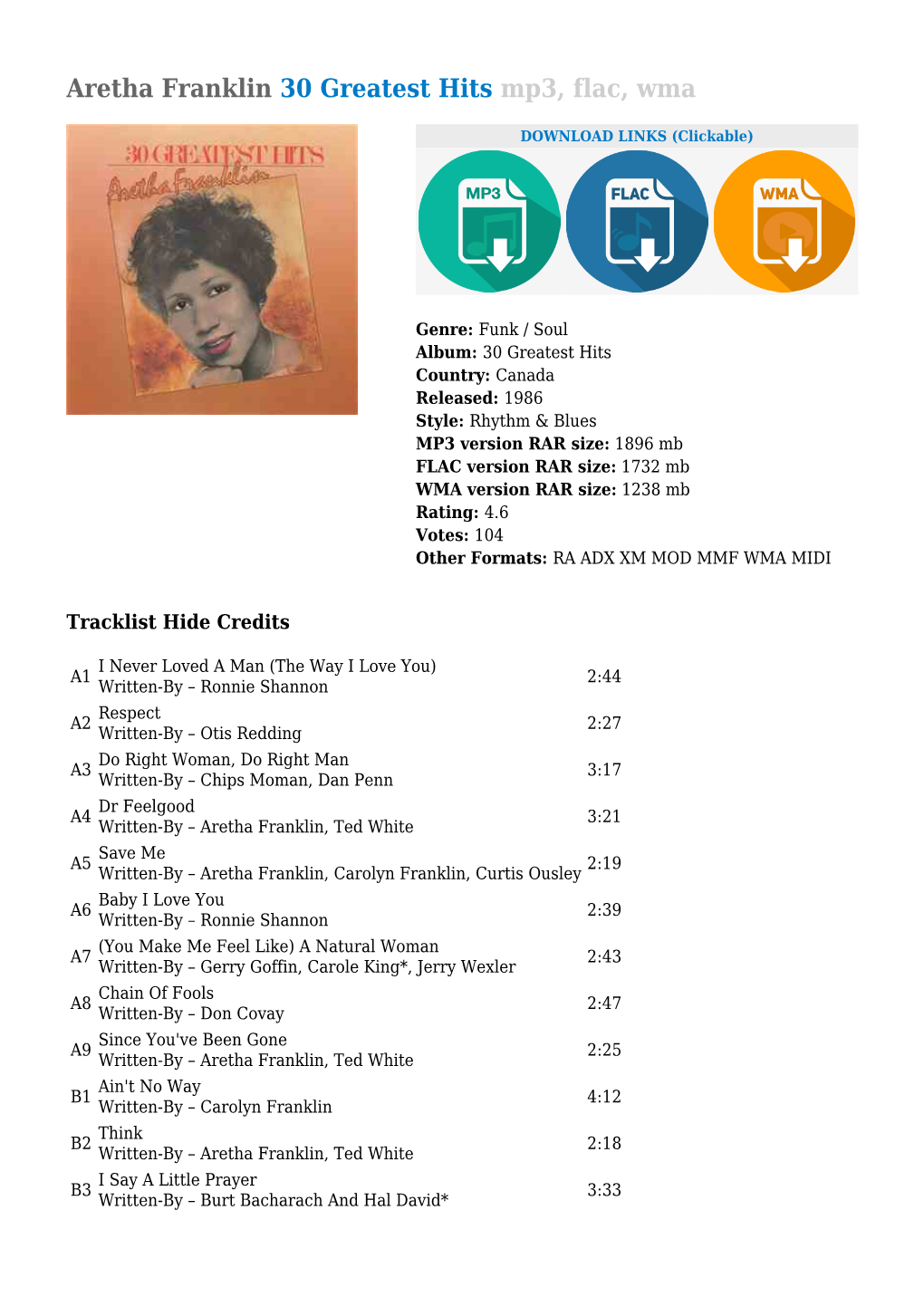 Aretha Franklin 30 Greatest Hits Mp3, Flac, Wma