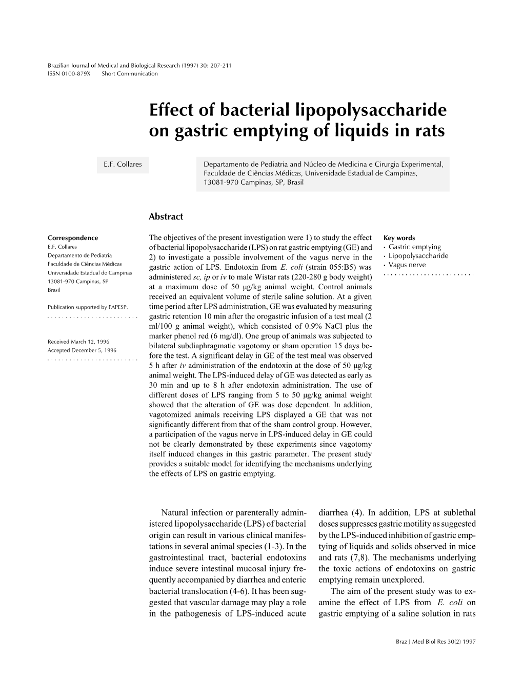 Effect of Bacterial Lipopolysaccharide on Gastric Emptying of Liquids in Rats