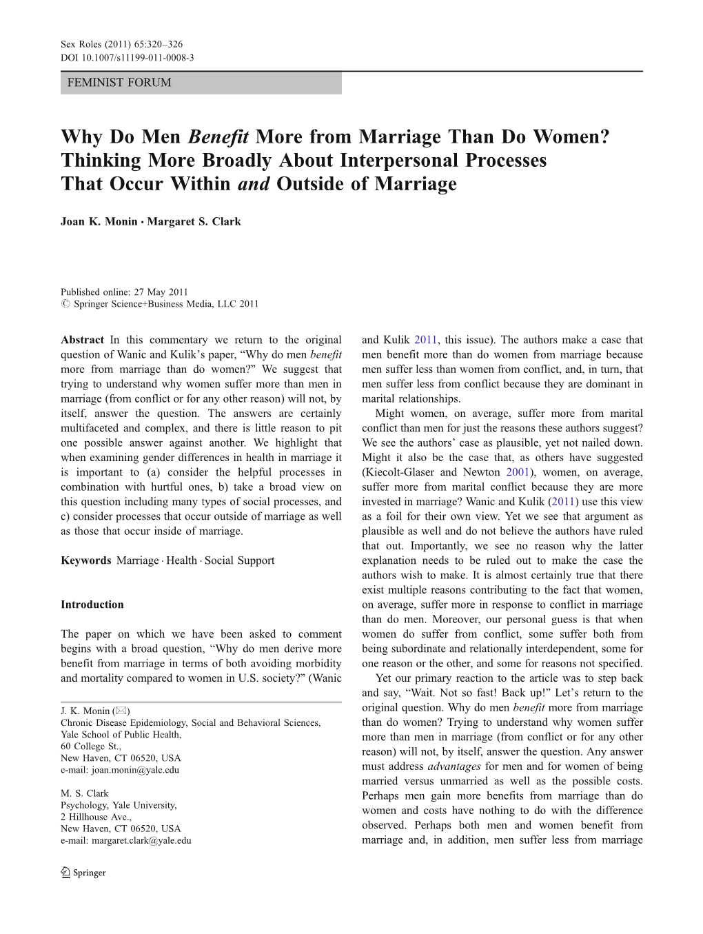 Why Do Men Benefit More from Marriage Than Do Women? Thinking More Broadly About Interpersonal Processes That Occur Within and Outside of Marriage