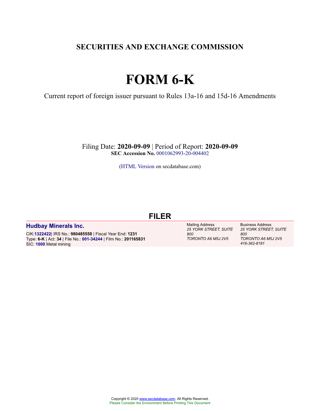 Hudbay Minerals Inc. Form 6-K Current Event