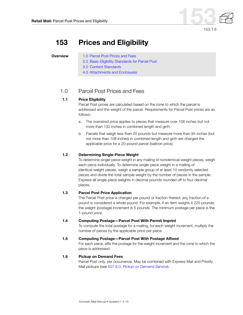 DMM 153 Parcel Post Prices and Eligibility for Retail Parcels