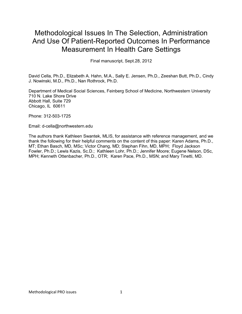 Reported Outcomes in Performance Measurement in Health Care Settings