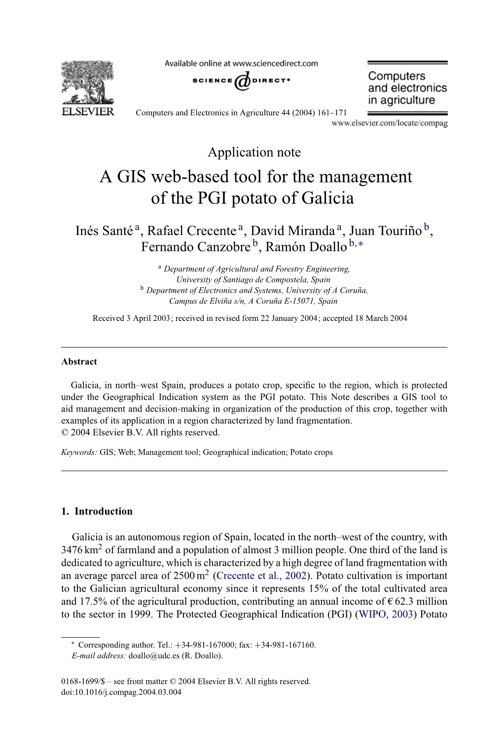 A GIS Web-Based Tool for the Management of the PGI Potato of Galicia