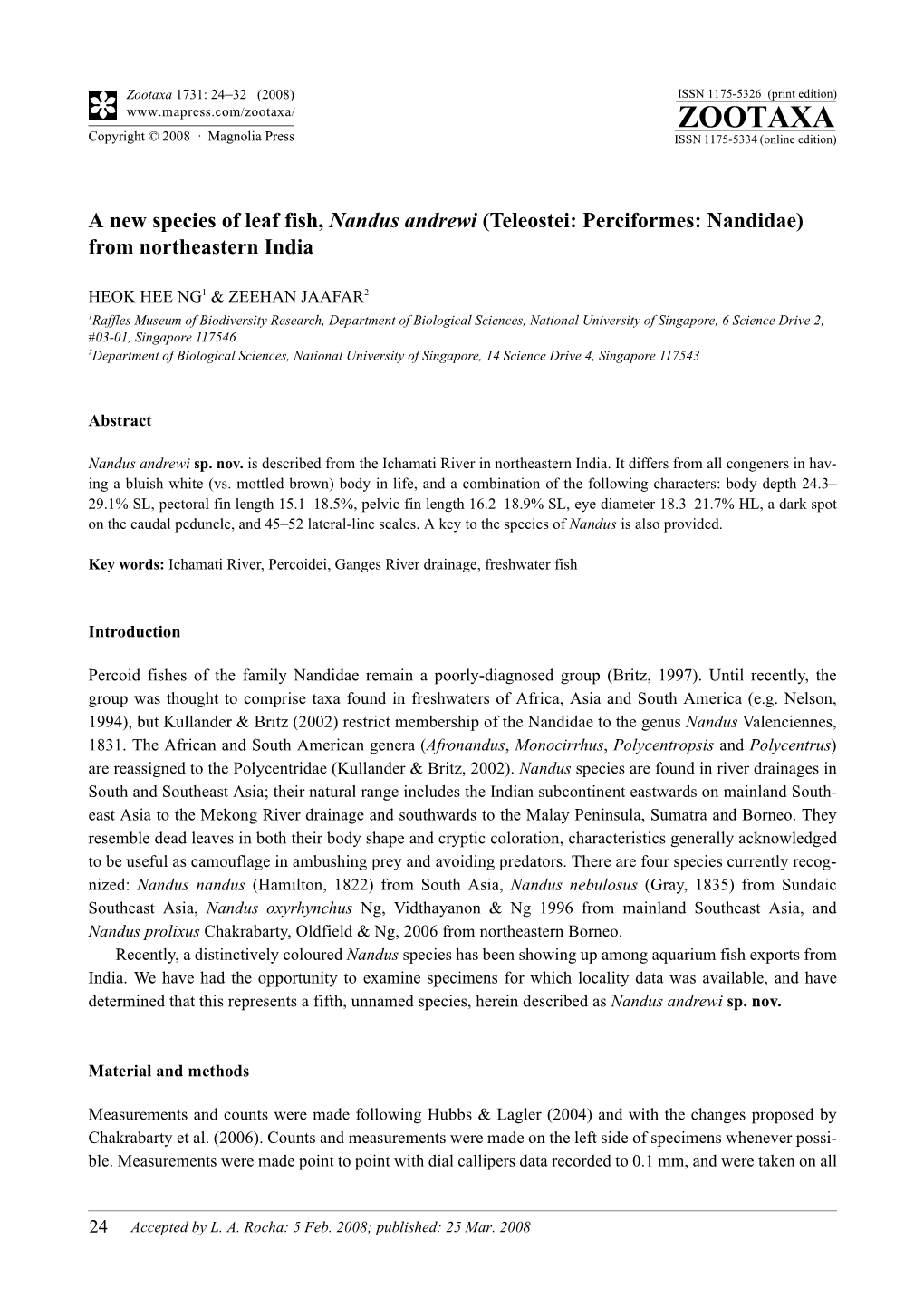 Zootaxa, a New Species of Leaf Fish, Nandus Andrewi