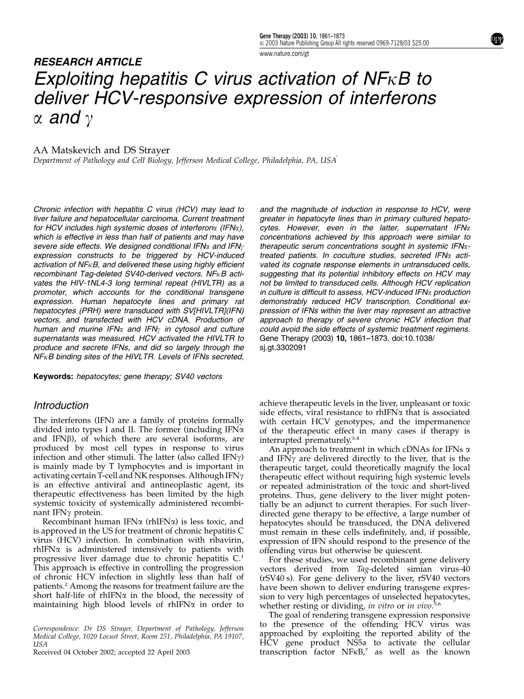 Exploiting Hepatitis C Virus Activation of Nfkb to Deliver HCV-Responsive