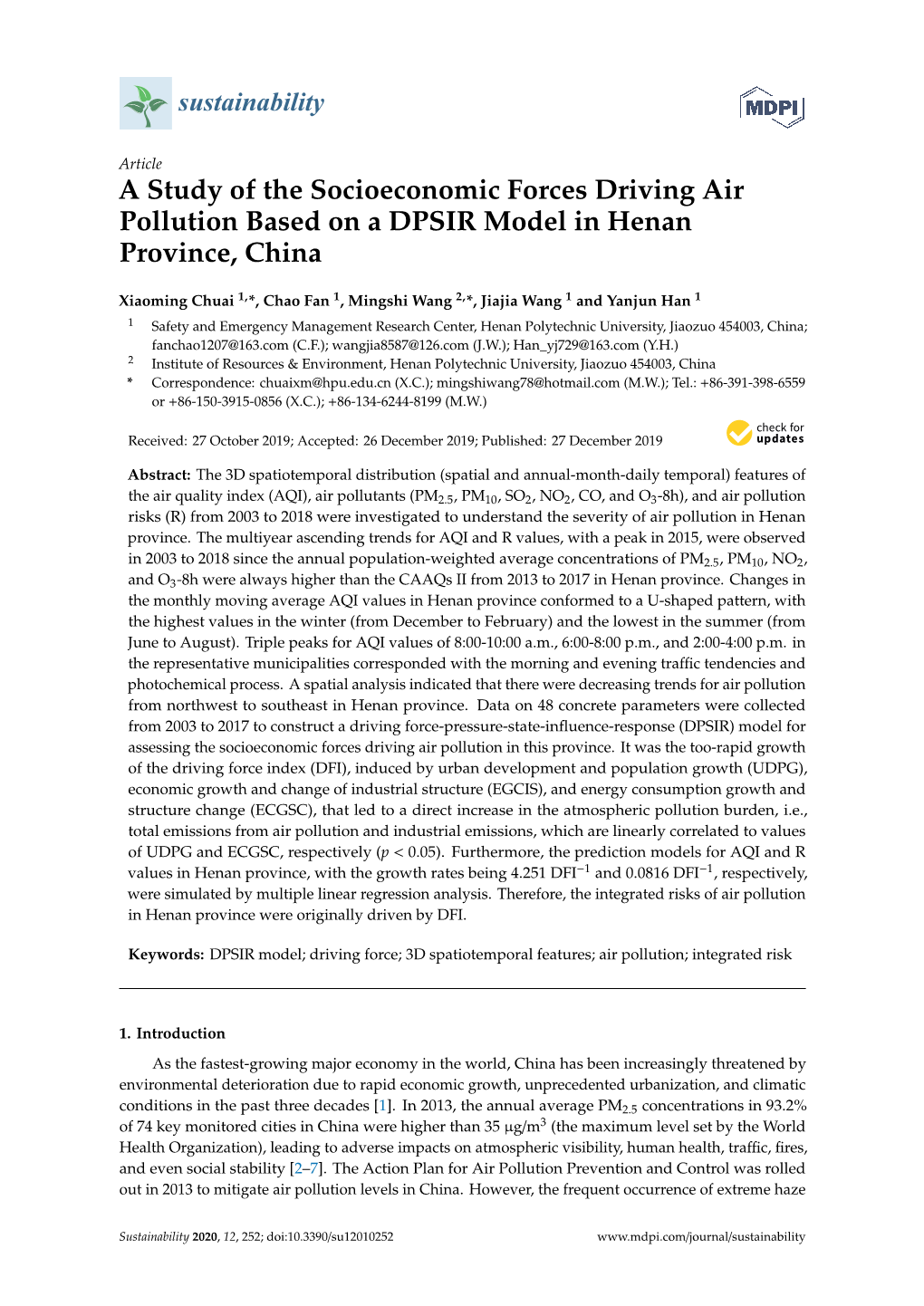 A Study of the Socioeconomic Forces Driving Air Pollution Based on a DPSIR Model in Henan Province, China