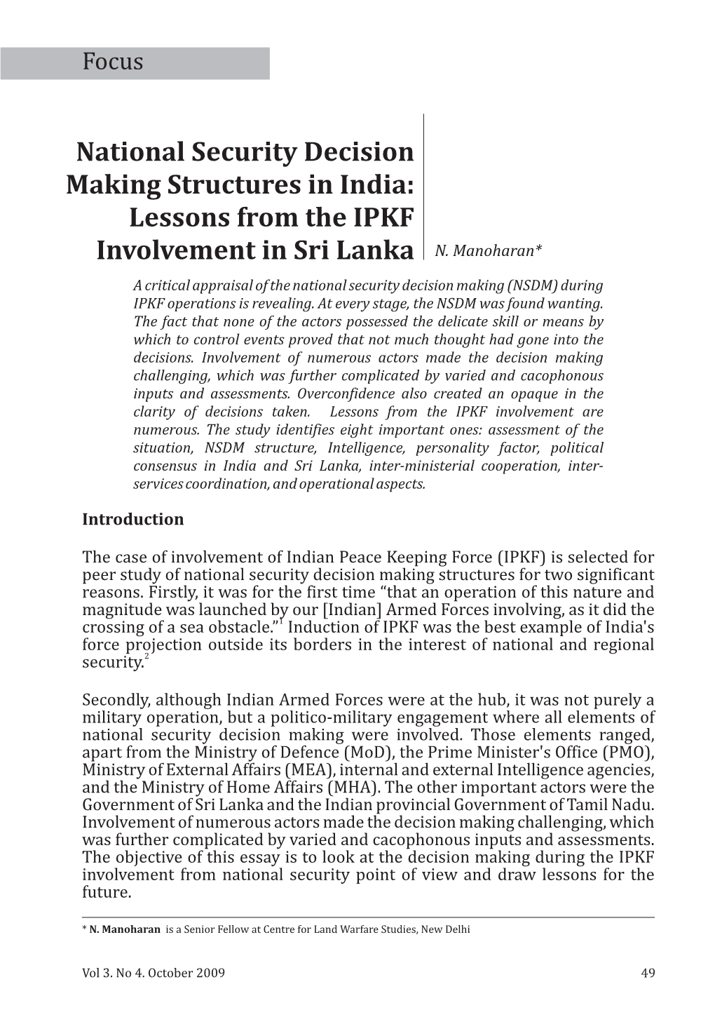 National Security Decision Making Structures in India: Lessons from the IPKF Involvement in Sri Lanka N