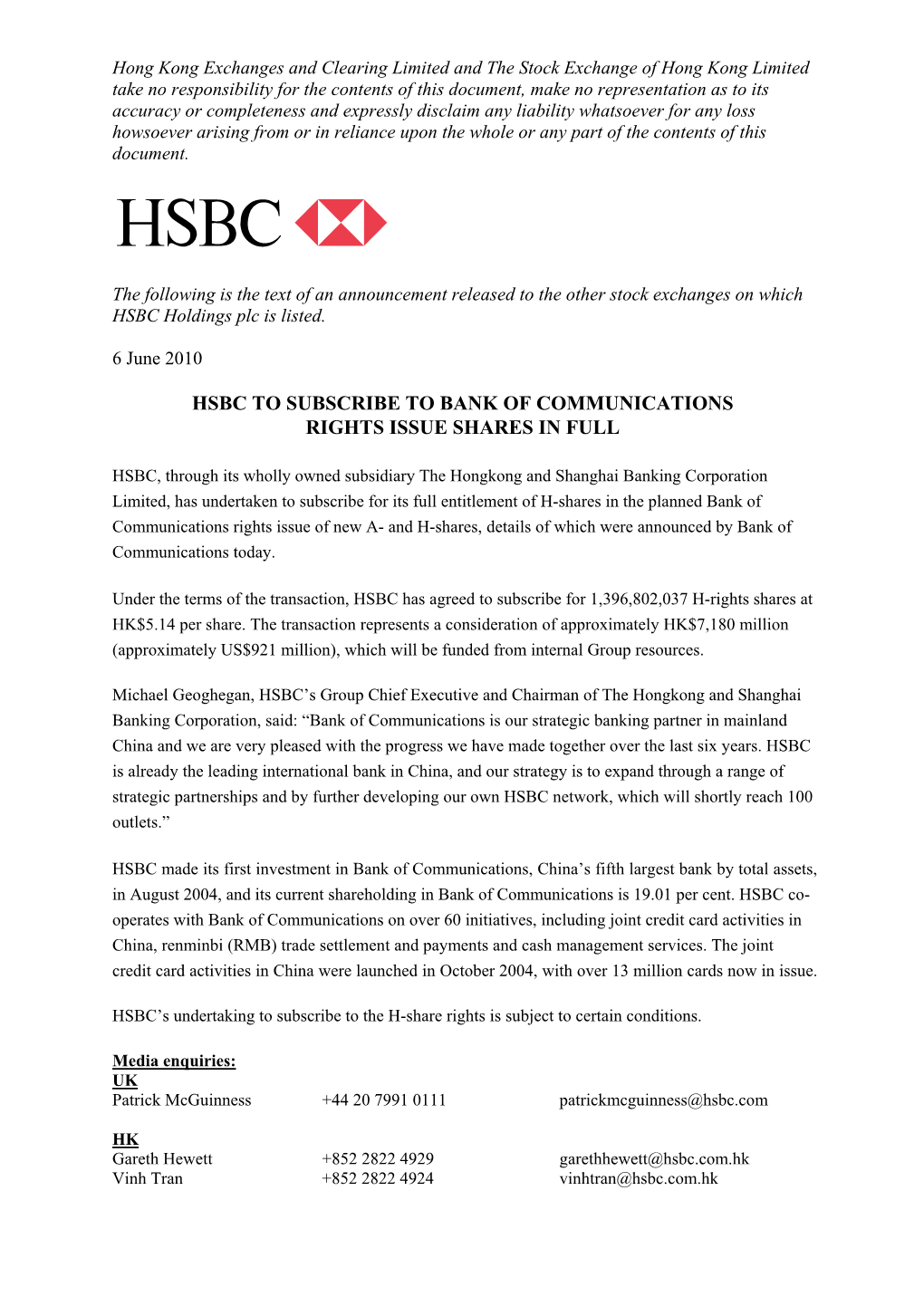 Hsbc to Subscribe to Bank of Communications Rights Issue Shares in Full