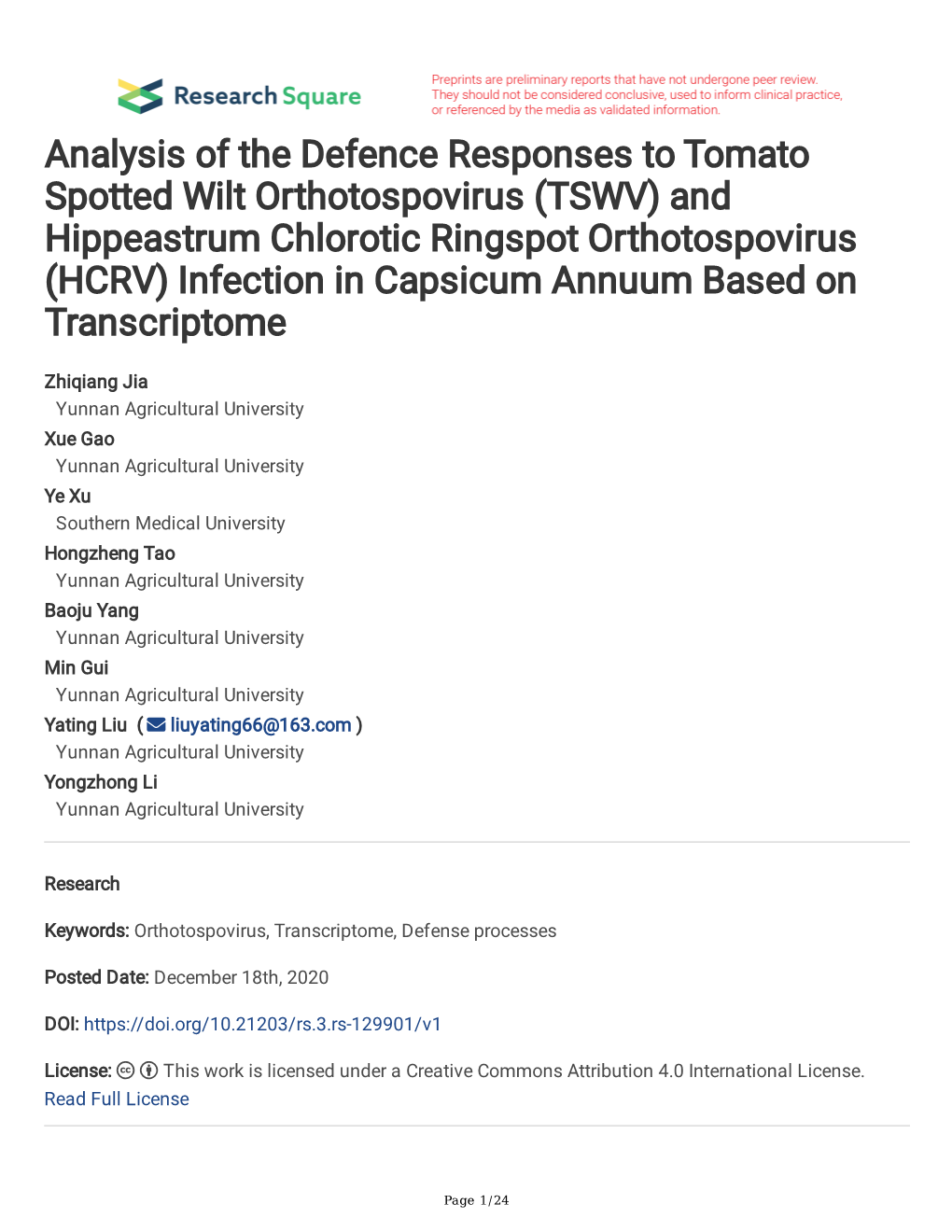Analysis of the Defence Responses to Tomato Spotted Wilt Orthotospovirus (TSWV) and Hippeastrum Chlorotic Ringspot Orthotospovir