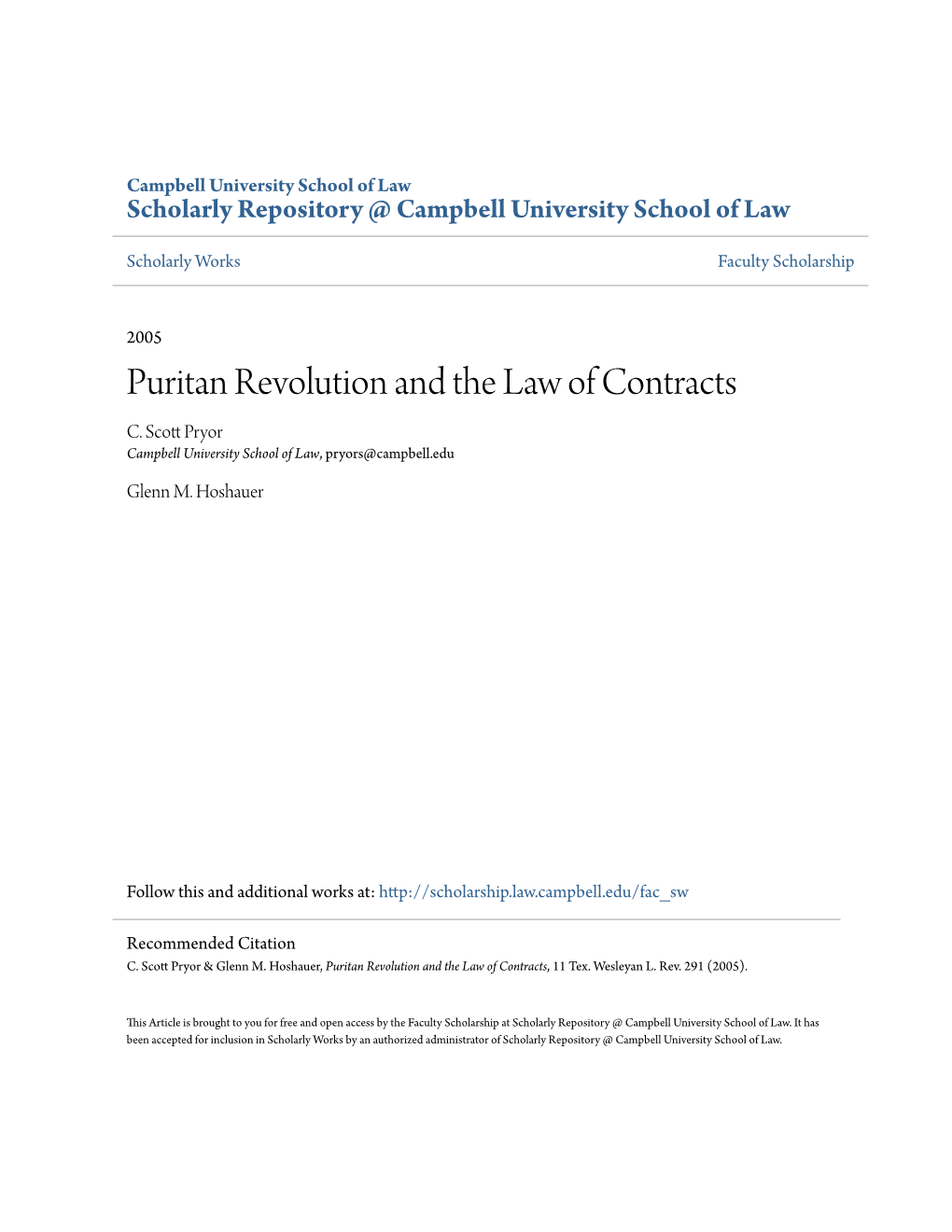 Puritan Revolution and the Law of Contracts C