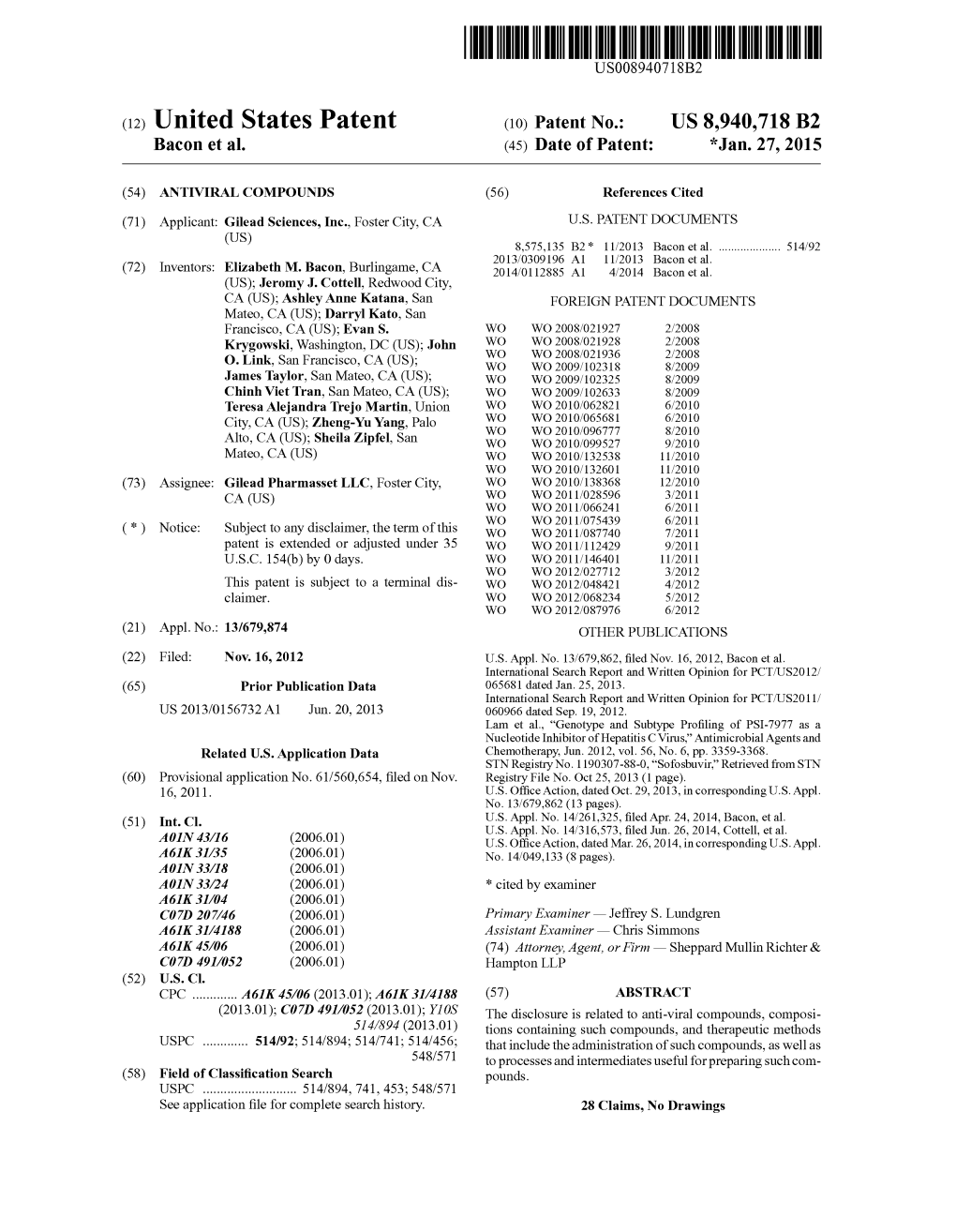 (12) United States Patent (10) Patent No.: US 8,940,718 B2 Bacon Et Al