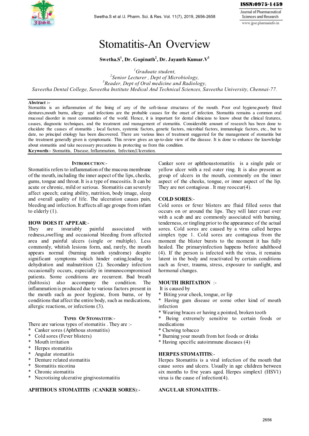 Stomatitis-An Overview