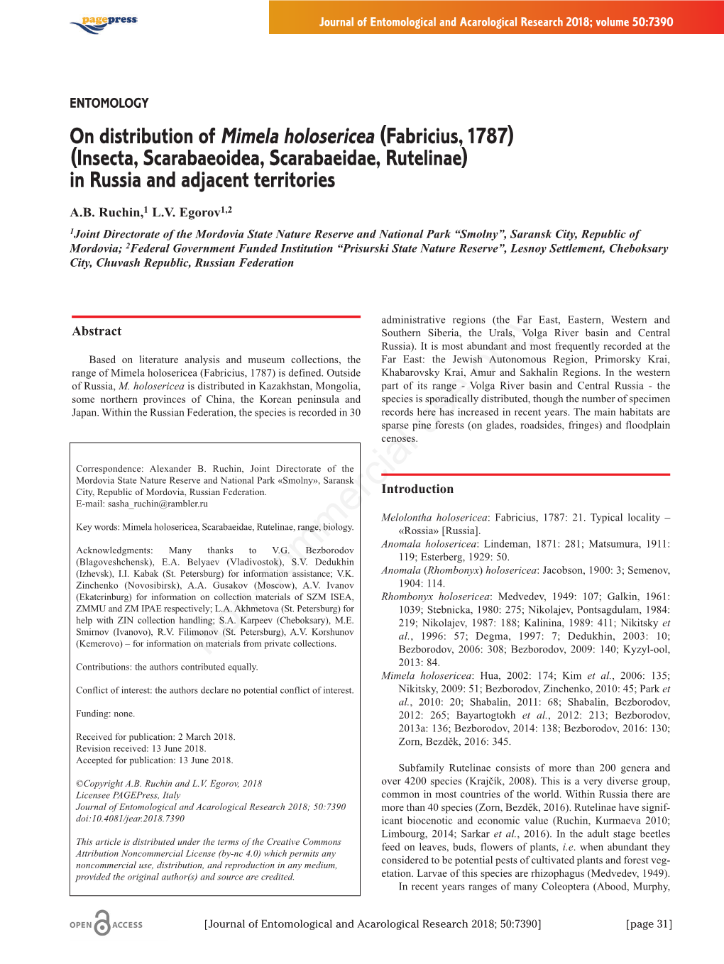 On Distribution of Mimela Holosericea (Fabricius, 1787) (Insecta, Scarabaeoidea, Scarabaeidae, Rutelinae) in Russia and Adjacent Territories