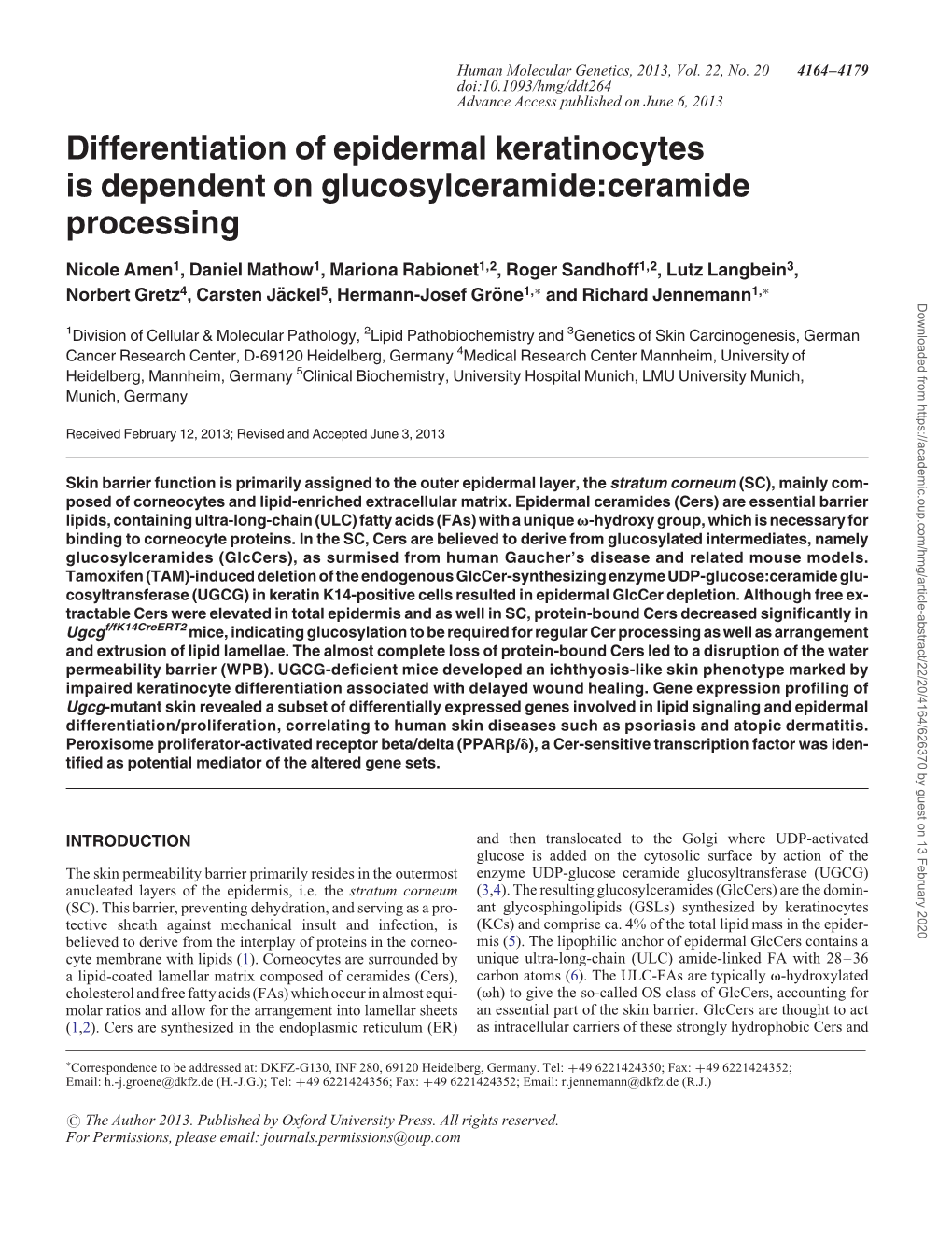 Differentiation of Epidermal Keratinocytes Is Dependent on Glucosylceramide:Ceramide Processing