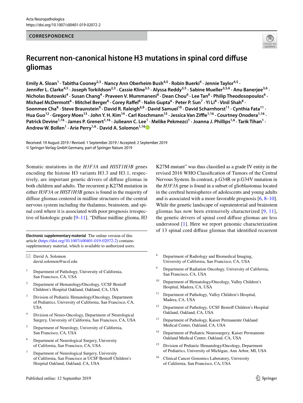 Recurrent Non-Canonical Histone H3 Mutations in Spinal Cord Diffuse Gliomas