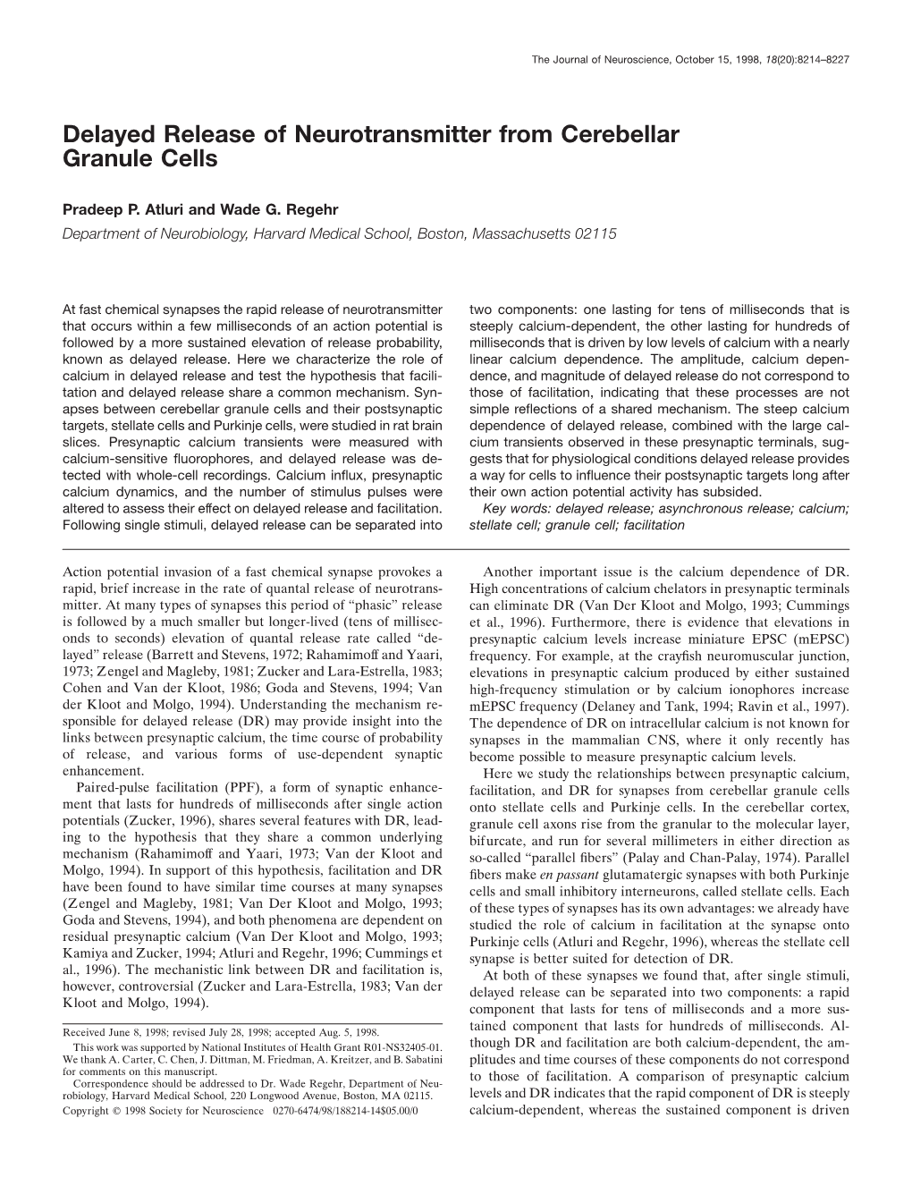 Delayed Release of Neurotransmitter from Cerebellar Granule Cells