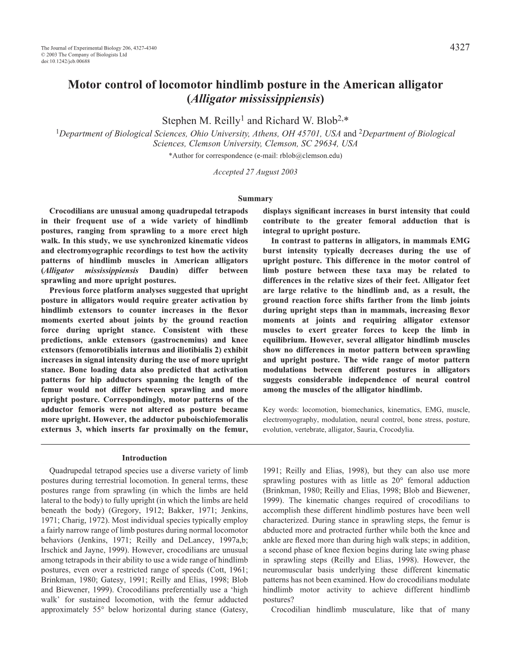 Motor Control of Locomotor Hindlimb Posture in the American Alligator (Alligator Mississippiensis) Stephen M