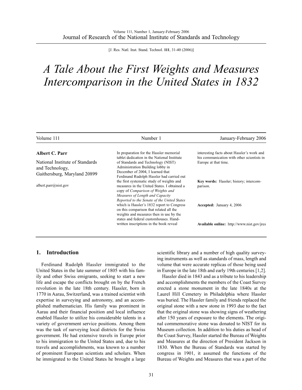 A Tale About the First Weights and Measures Intercomparison in the United States in 1832