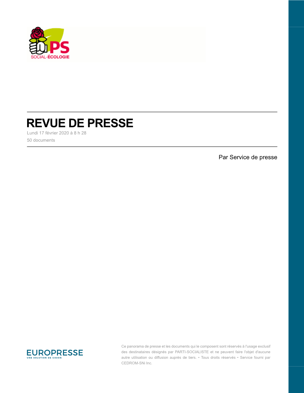 REVUE DE PRESSE Lundi 17 Février 2020 À 8 H 28 50 Documents