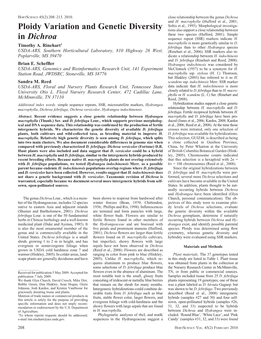 Ploidy Variation and Genetic Diversity in Dichroa