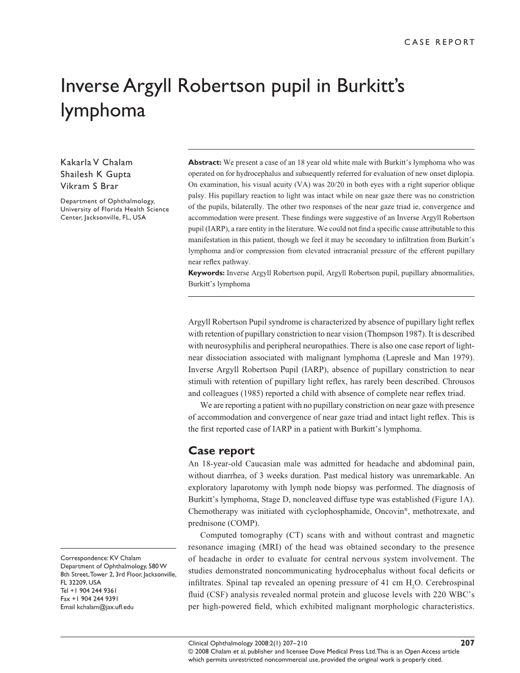 Inverse Argyll Robertson Pupil in Burkitt's Lymphoma