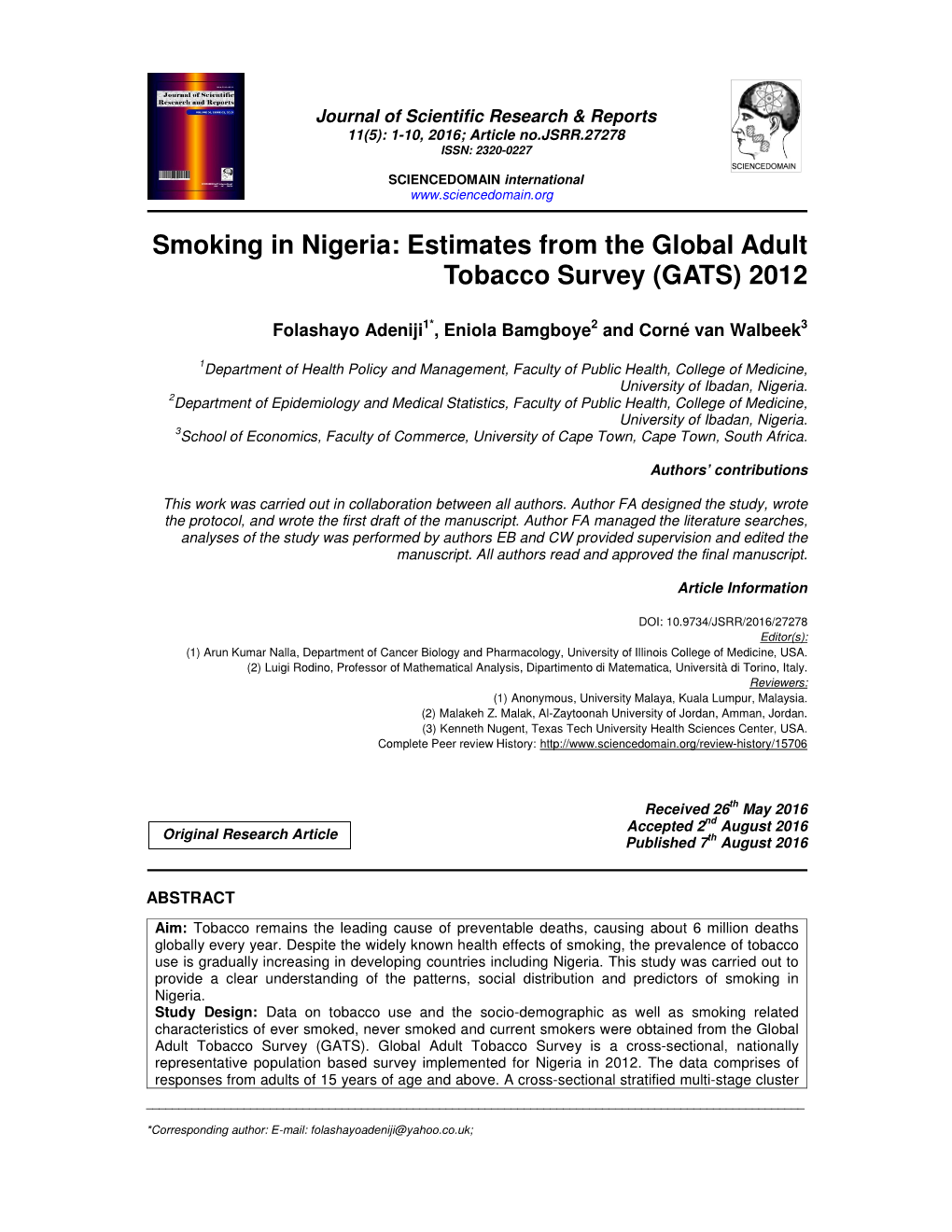 Smoking in Nigeria: Estimates from the Global Adult Tobacco Survey (GATS) 2012