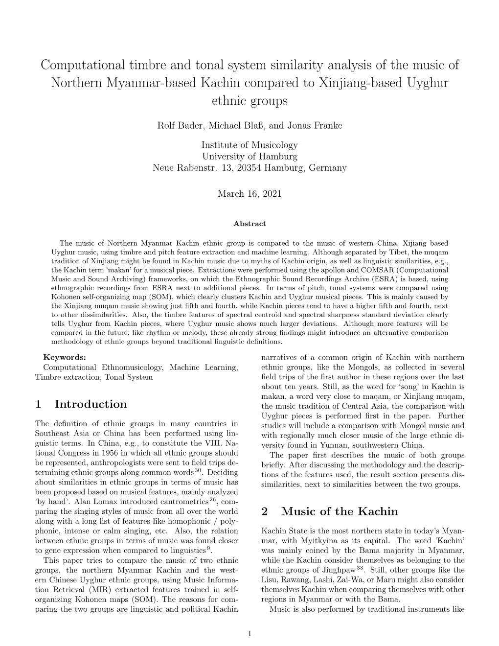 Computational Timbre and Tonal System Similarity Analysis of the Music of Northern Myanmar-Based Kachin Compared to Xinjiang-Based Uyghur Ethnic Groups