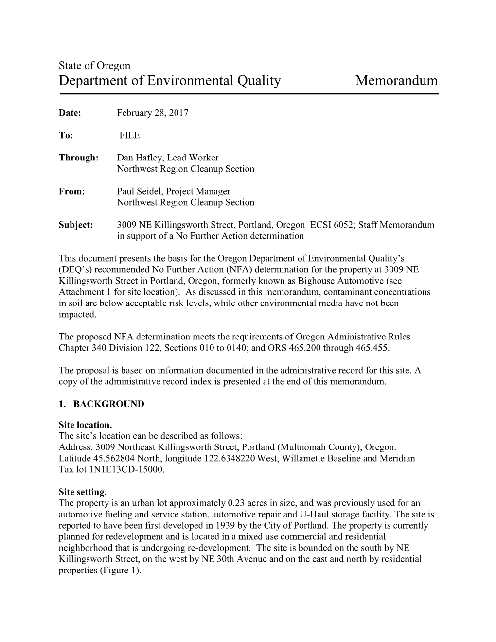 Department of Environmental Quality Memorandum