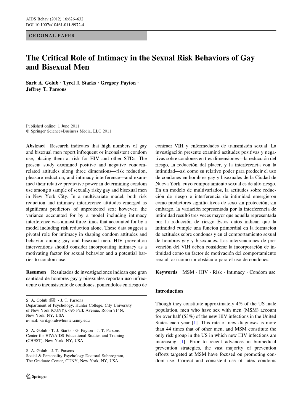 The Critical Role of Intimacy in the Sexual Risk Behaviors of Gay and Bisexual Men