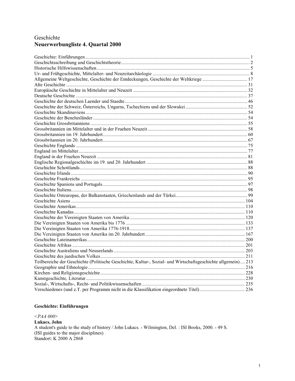 Geschichte Neuerwerbungliste 4. Quartal 2000